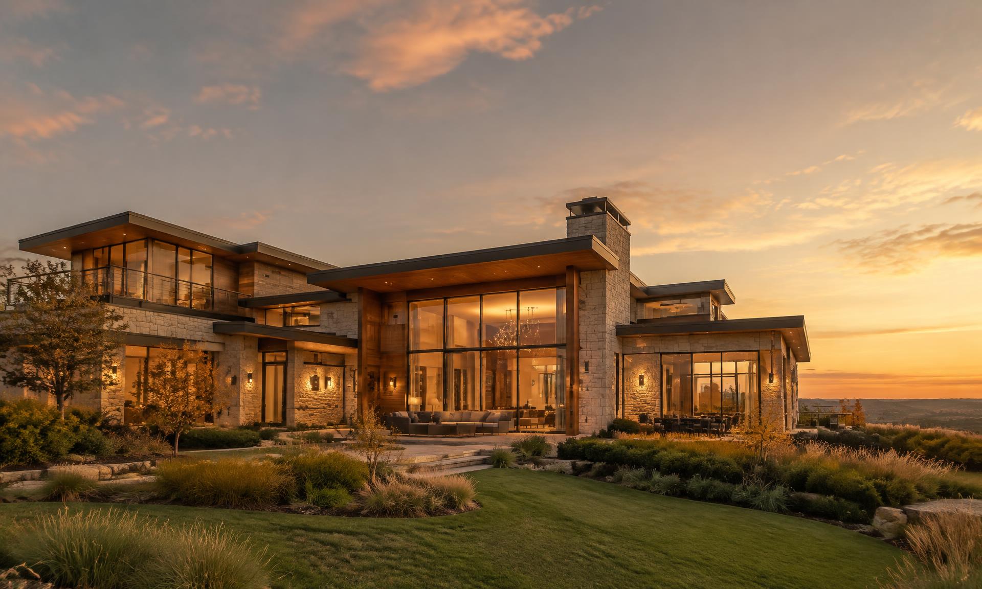 A finished luxury custom home at dusk