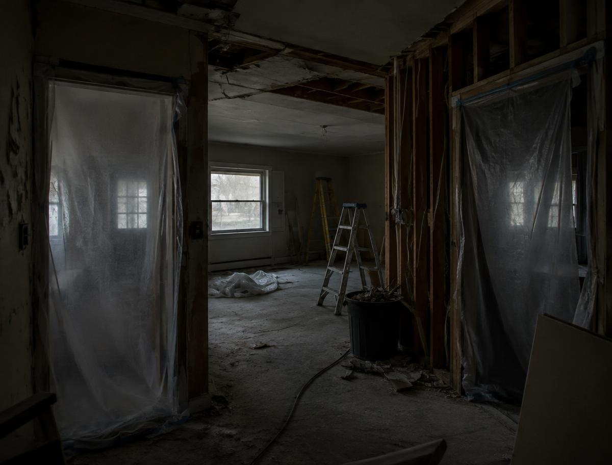A home mid-renovation, sheeted in plastic and dust
